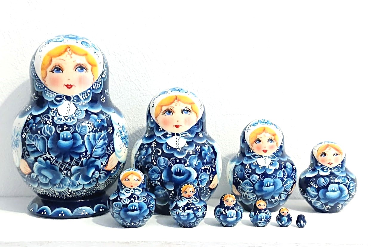 民族衣装マトリョーシカ 10ピース ＜グジェーリ模様・ブルー＞ /15.5cm